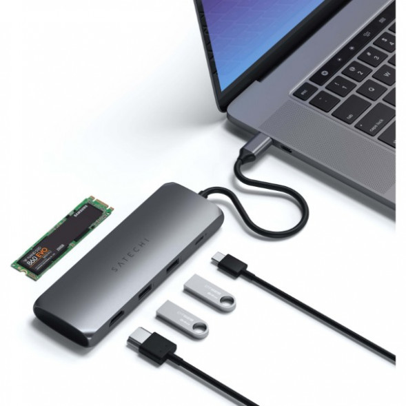 Док-станция Satechi USB-C Hybrid Multiport Adapter (with SSD Enclosure M.2 SATA, 2xUSB 3.1, USB Type-C, HDMI), Серый ST-UCHSEM в Сургуте